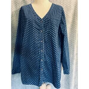 J Jill Womens M Denim Blue V Neck Button Front Top Roll Tab Long Sleeve Coastal